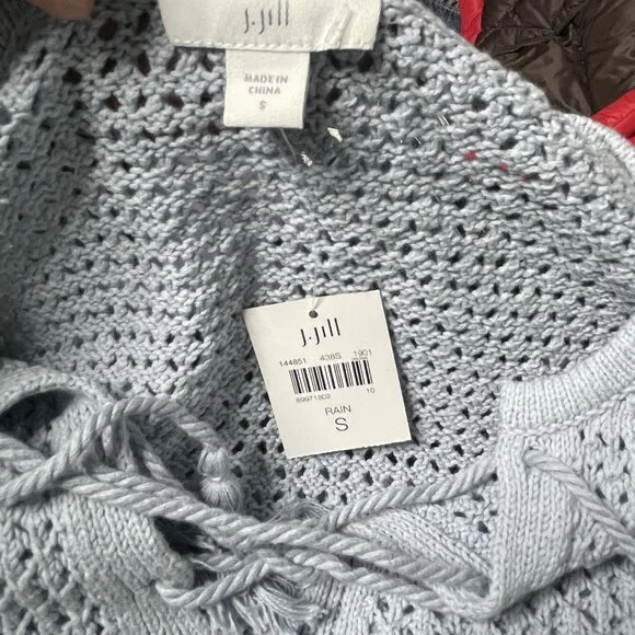 J. Jill Rain Blue Lace Up Front Crochet Open Weave Sweater Size S $89 New - Picture 5 of 8